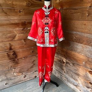 Vintage Women’s Esme Chinese Traditional Folk Costume Red Satin Embroidered Set